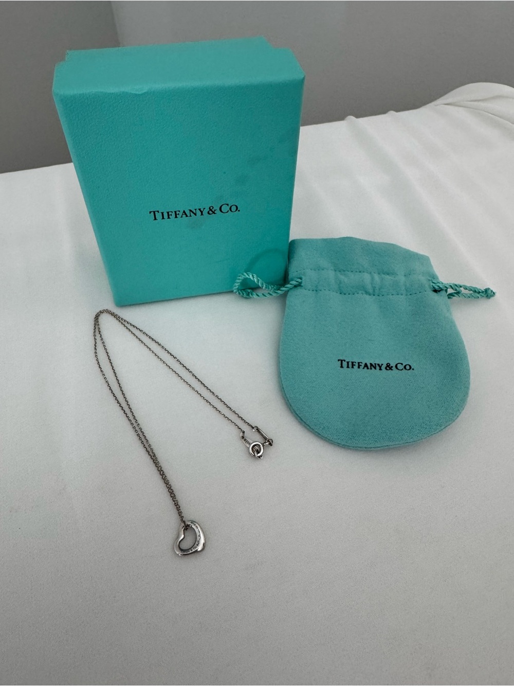Tiffany & Co. Sterling Silver Open Heart Necklace with Blue Pouch and Box